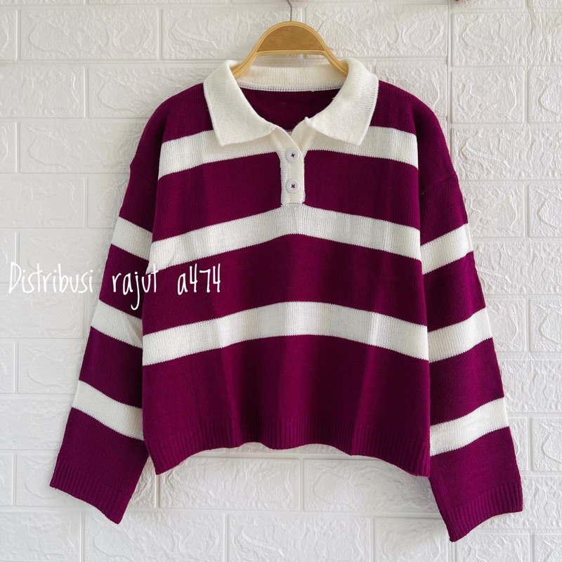 NANDY SWEATER RAJUT CROP MOTIF STIPPE ATASAN LENGAN PANJANG WANIT