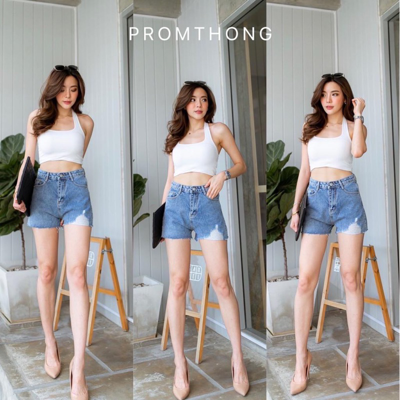 CELANA PENDEK JEANS PROMTHONG HIGHWAIST RIPPED SHORT HOTPANTS JEANS PROMTHONG BANGKOK(CLPMTJEANS)