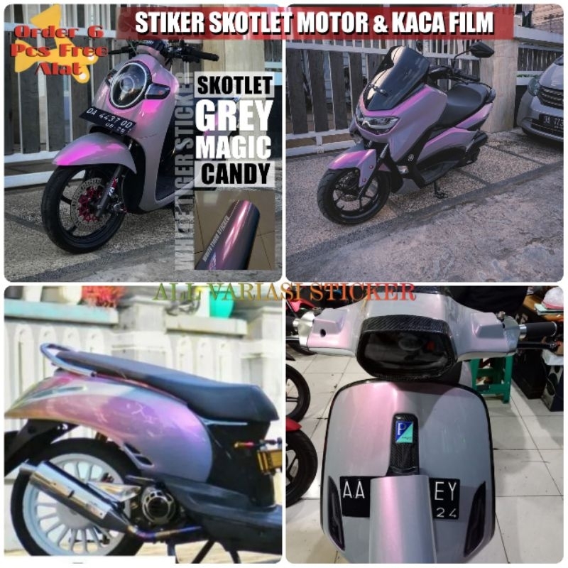 Skotlet Motor Warna Abu Grey Volcano Mutiara Lembayung Pelangi / Sticker Scotlet Motor