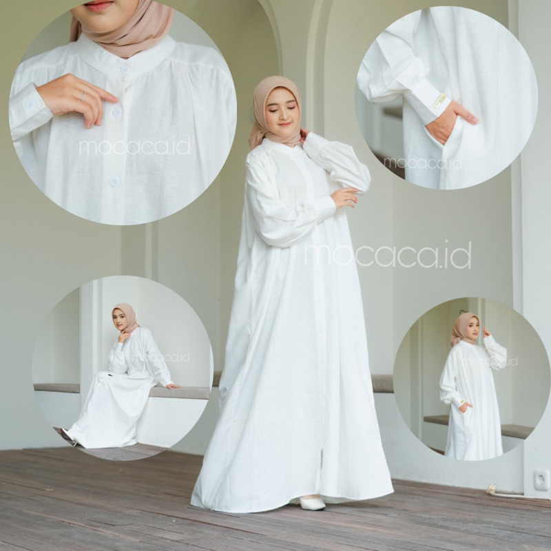 Dress Putih Tulang Broken White Elegan Ootd Hijabers bahan katun linen rami lengan kancing casual klasik dovey