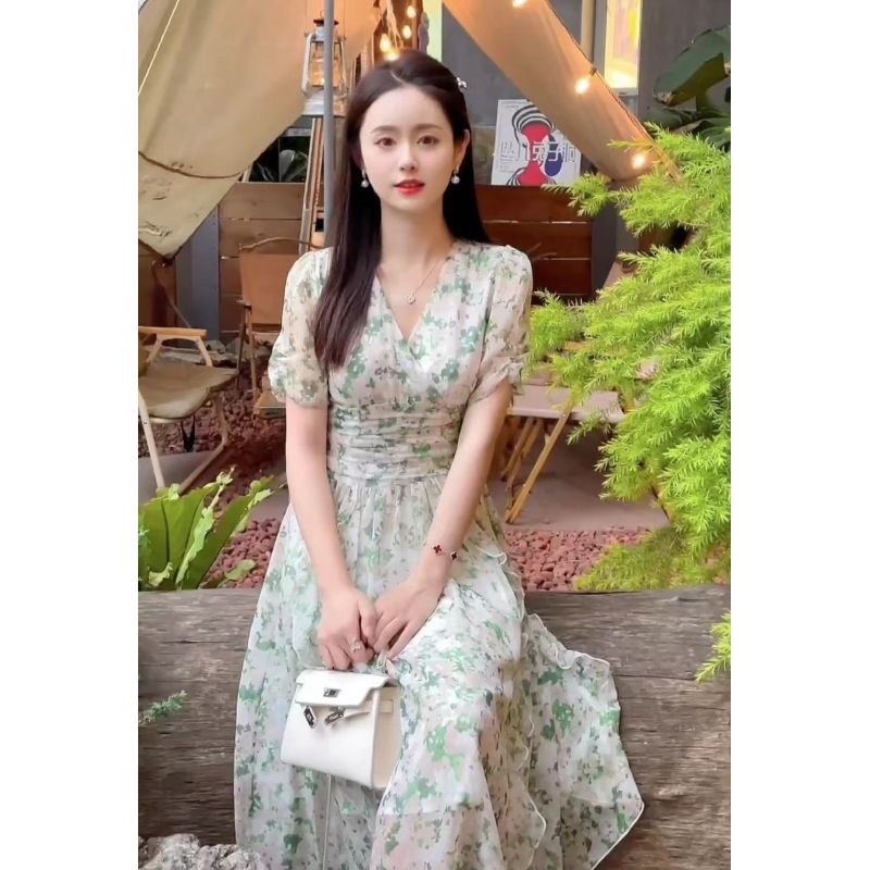 Dress Slim Waist Green Flower Dress M323