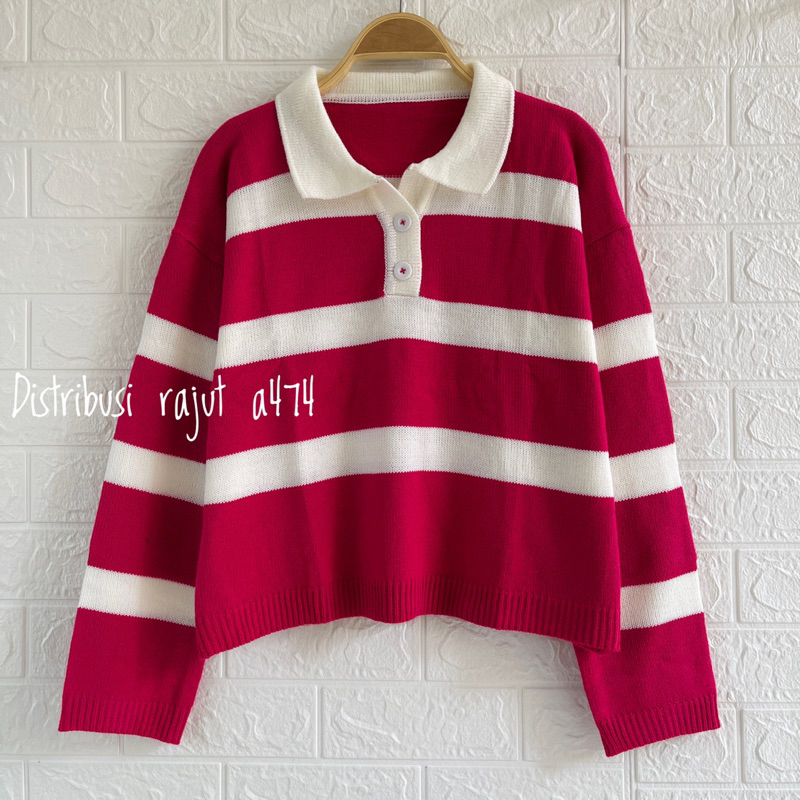 NANDY SWEATER RAJUT CROP MOTIF STIPPE ATASAN LENGAN PANJANG WANIT