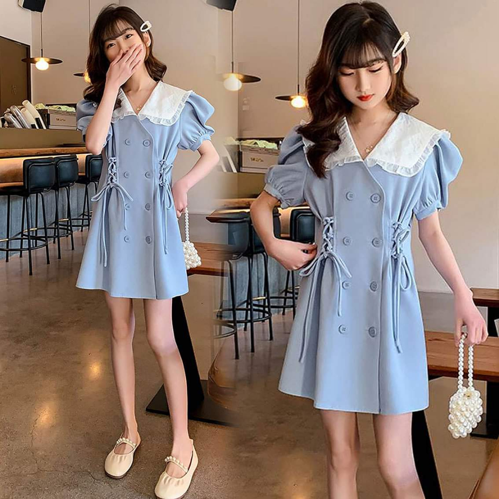 Dress Korea Warna Biru Muda Gaun Anak Perempuan Kerah Renda Putih Blue