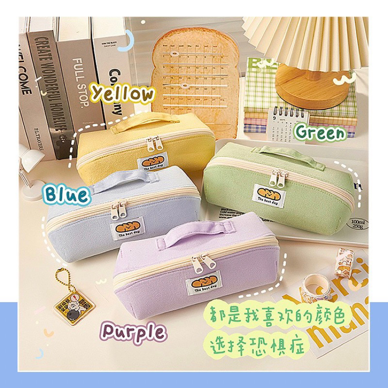KENSHO Kotak Pensil Sleting Roti Lucu Bahan Corduroy Ada Handle Motif Polos Plaid Warna Pastel / Pencil Case / Zipper