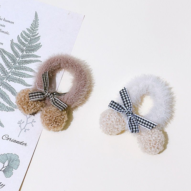 Ikat Rambut Anak Korea Model Pompom Bulu Lembut Aksen Pita / Kuncir Rambut Ponytail Anak Korean Faux Fur Hair Ties