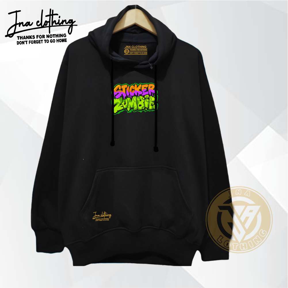 Sweater Hoodie Pria Premium Distro Aesthetic Graffity List Stiker Zombie Jaket Cowo Hitam Keren Flece Tebal Lembut Oversize Bigsize