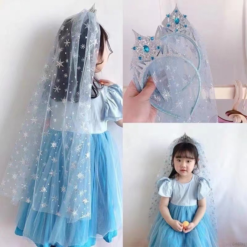 Bando Anak Perempuan Desain Bordir Snowflake Mahkota Simpul Pita Mesh Gaya Princess Frozen