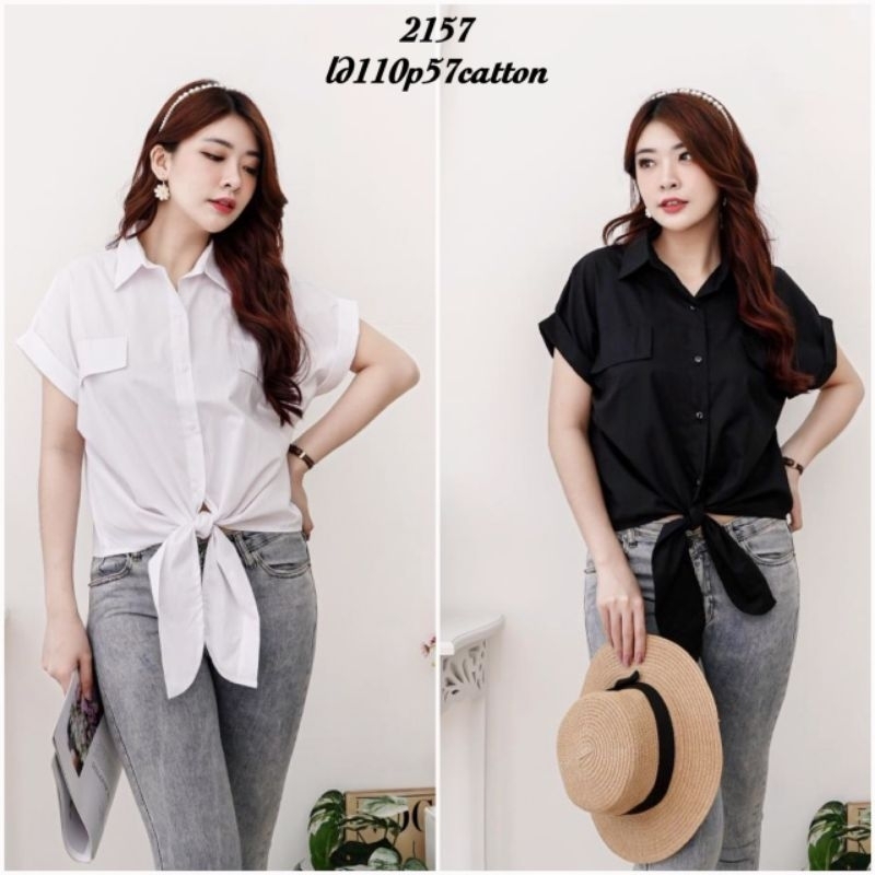 FM 2157 Kemeja Wanita Polos Ikat Kerah Lengan Pendek Katun