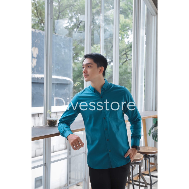 Kemeja pria cowok polos slimfit kasual basic HeM lengan panjang biru tosca