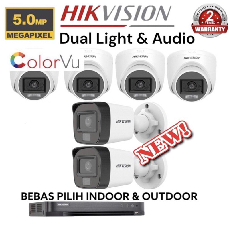 paket camera cctv 6 kamera hikvision 5mp dual light colorvu + audio build built in mic 8 channel ch bisa rekam suara 8ch