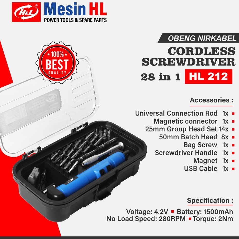 Obeng Baterai Set Cordless Screwdriver H&L HL212