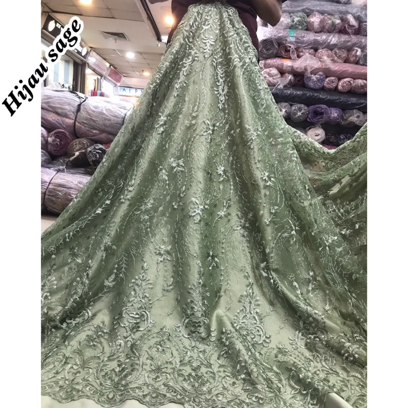 CANTIK MURAH!! Kain bahan tile akar bordir (KHUSUS HIJAU SAGE) / bahan kebaya brokat Tulle.