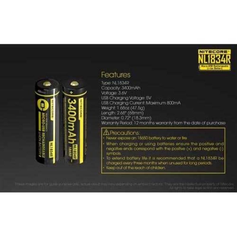 NITECORE 18650 Micro USB Rechargeable Li-ion Battery 3400mAh - NL1834R