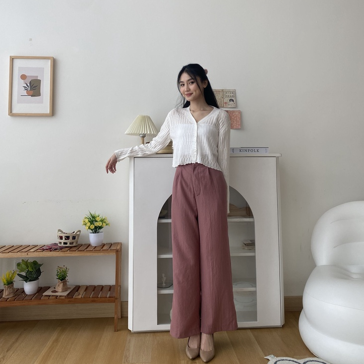 Carli Linen Pants - Celana Panjang Kulot Korea Wanita - High Waist Pants - Casual / Formal