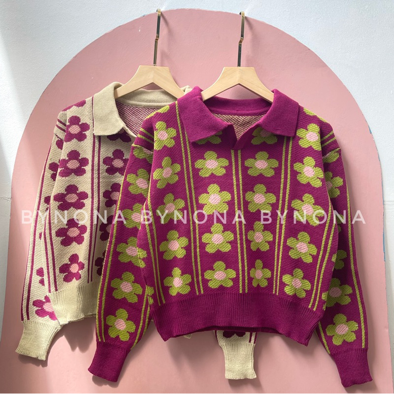 Zenyta sweater rajut polo motif bunga bahan premium