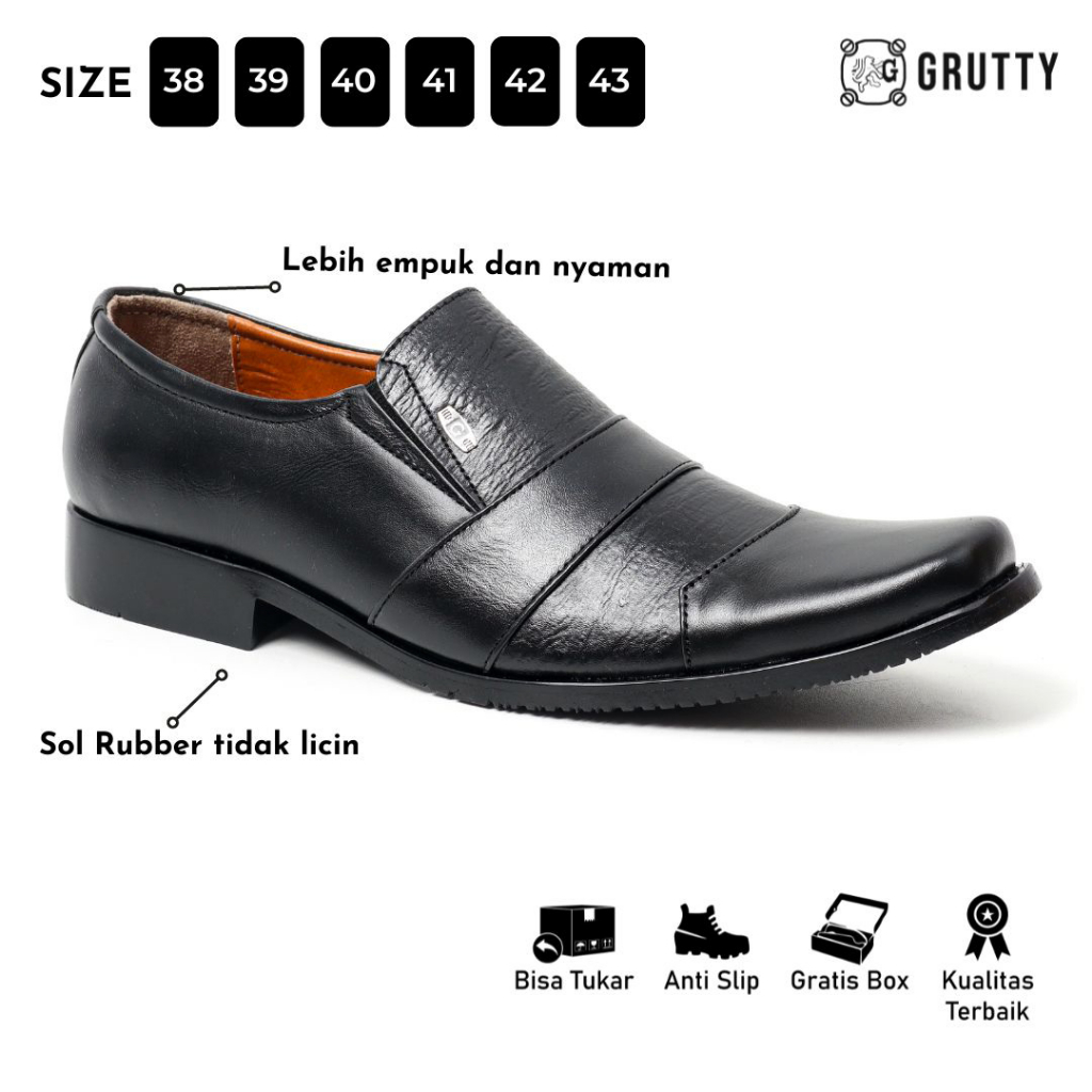 Sepatu Pria Formal pantofel dinas kerja kantor Kulit Asli Grutty DC001 Hitam