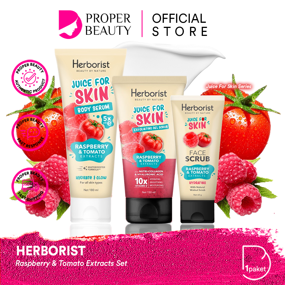 HERBORIST Raspberry & Tomato Extracts Set Indonesia / Juice For Skin / Face Scrub Body Serum Exfolia