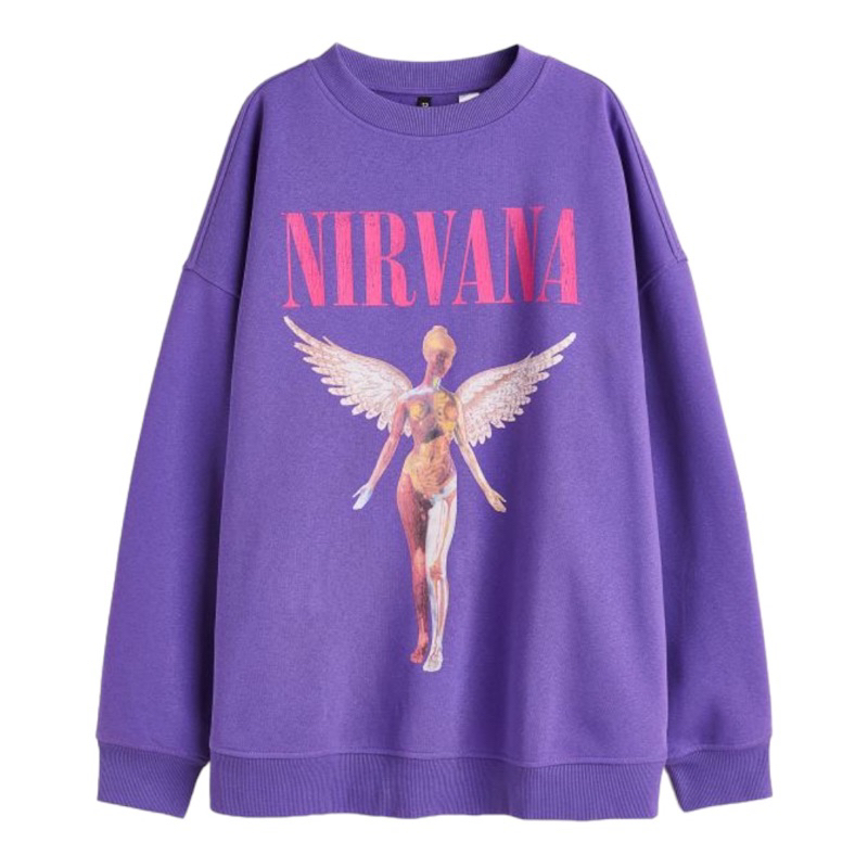 ( 8.8 ) Crewneck Sweatshirt Unisex H&amp;M Sablon Nirvana In Utero Purple Ungu &amp; Pink, Flecee Katun Lembut Tebal, Free Papperbag