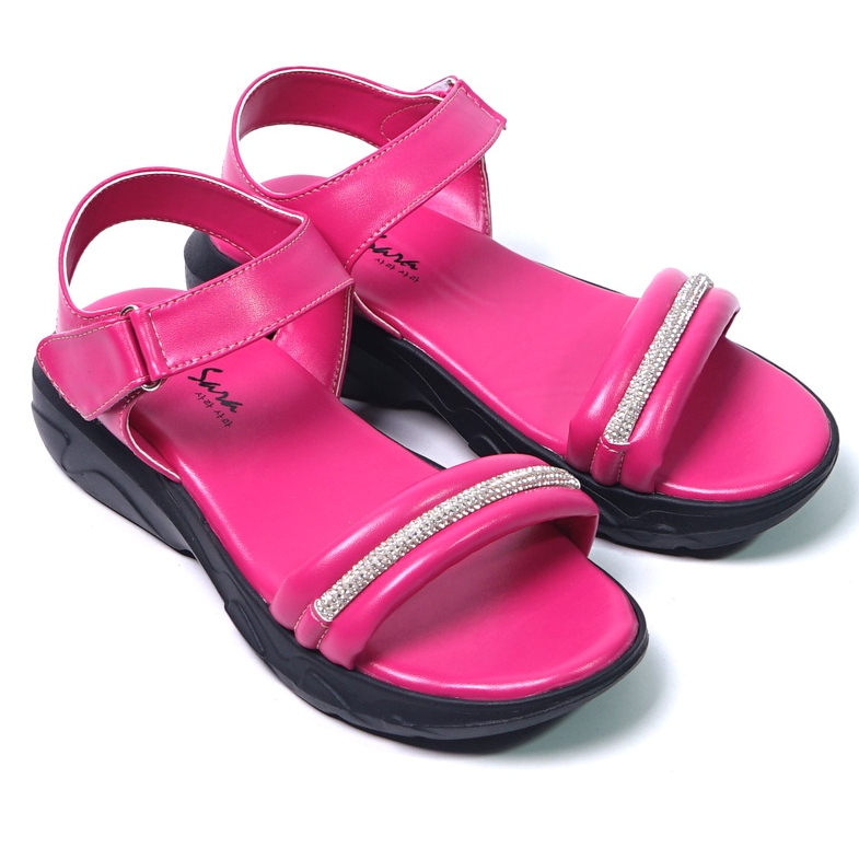 SARASARA YUK - MAYA Sepatu Sandal Wanita Size 36 - 40 Sendal Wedges Sara Model Blink Tali Strap Belakang Hak Tinggi Sole 4cm Sandal Gunung Velcro 37 38 39 Warna Fuschia Pink Belleza Kekinian Premium Terbaru Shoes Ori Original Mall Official Store