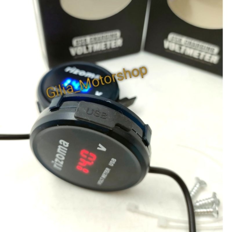 Voltmeter bulat rizoma plus USB nyala LED biru merah Universal Motor