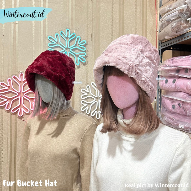 Bucket hat fur topi winter wanita import kupluk bulu cewek hangat musim dingin fashion