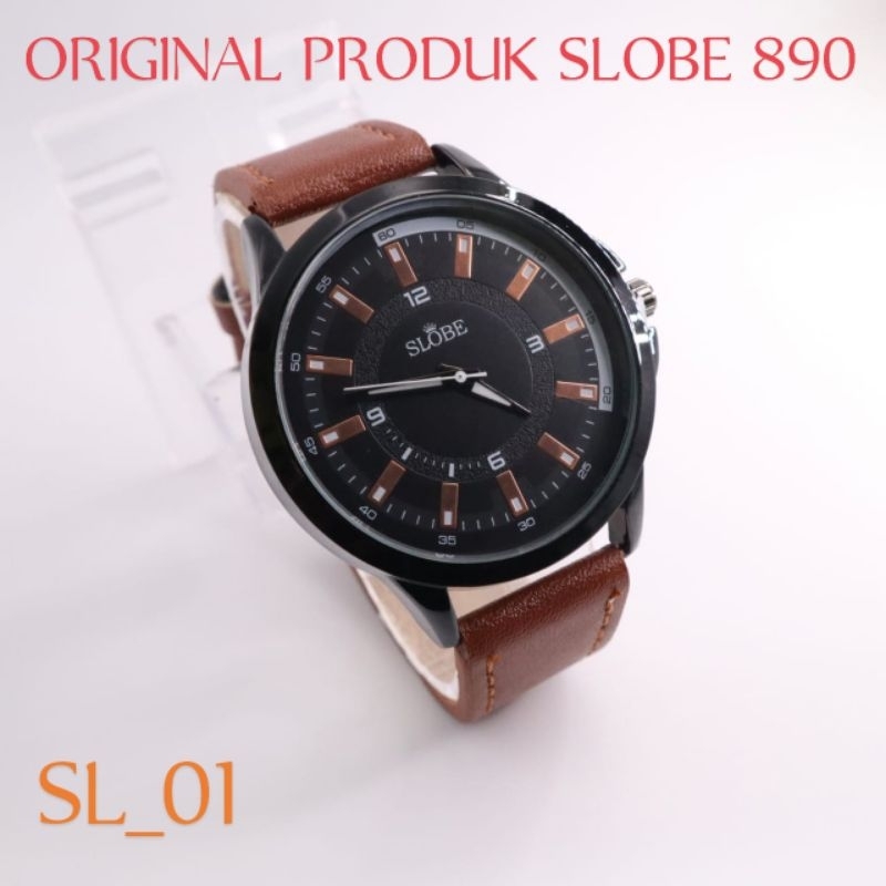 Jam Tangan Pria Kulit original SLOBE 8890 | Jam Tangan Cowok Keren Elegan Unisex