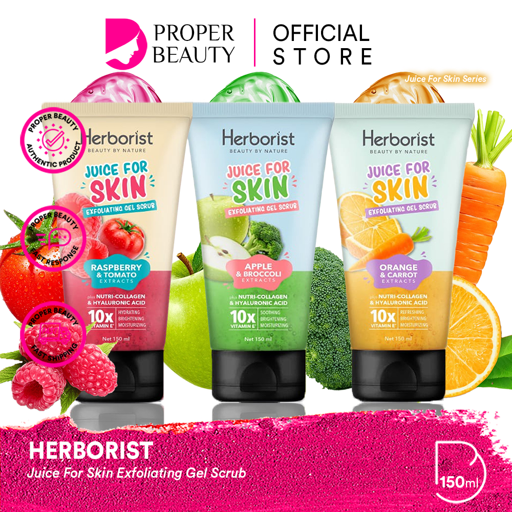 HERBORIST Juice For Skin Exfoliating Gel Scrub Indonesia / Scrub Tubuh 150ml / Plus Nutri-Collagen &amp; Hyaluronic Acid 10x Vitamin E / Refreshing Soothing Hydrating Brightening Peeling / Orange Apple Raspberry Extracts Skincare Body Care Face Mineral Lotion