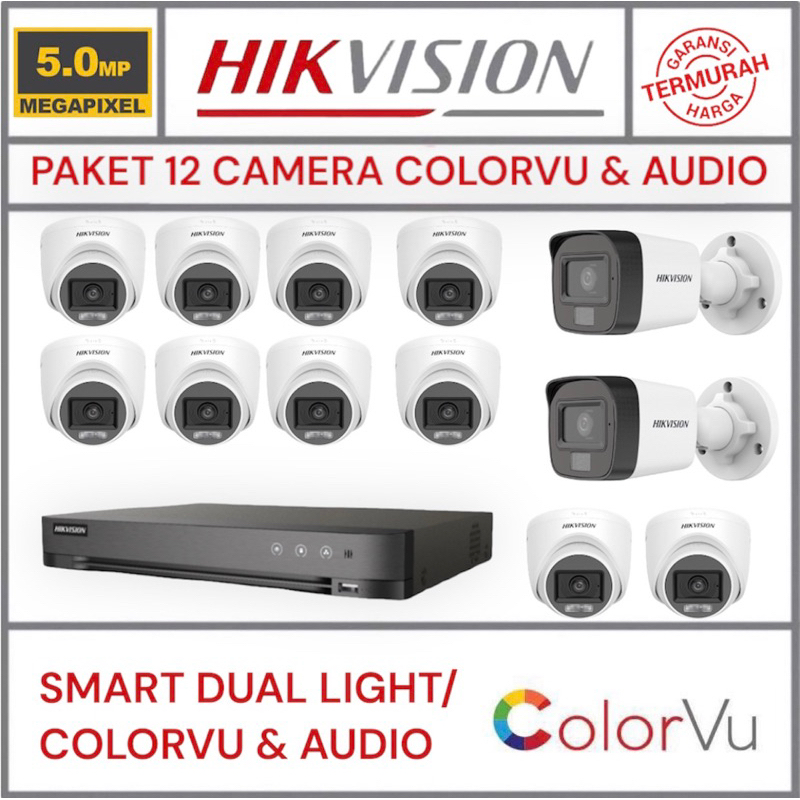 paket camera cctv 12 kamera hikvision 5mp dual light colorvu + audio 16 channel ch malam tetap berwarna colour 16ch