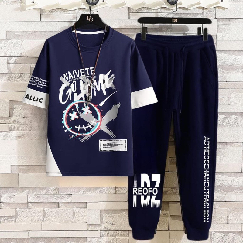 SETELAN BAJU NAI COWOK KAOS LENGAN PENDEK + CELANA JOGGER PANTS PRIA