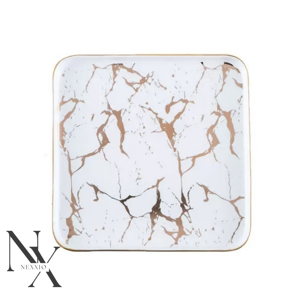 NEXXIO Crackle Plate Kotak ceper/piring Marbel / Piring makan Marbel / Piring Saji Mewah / Piring Saji Marble Gold