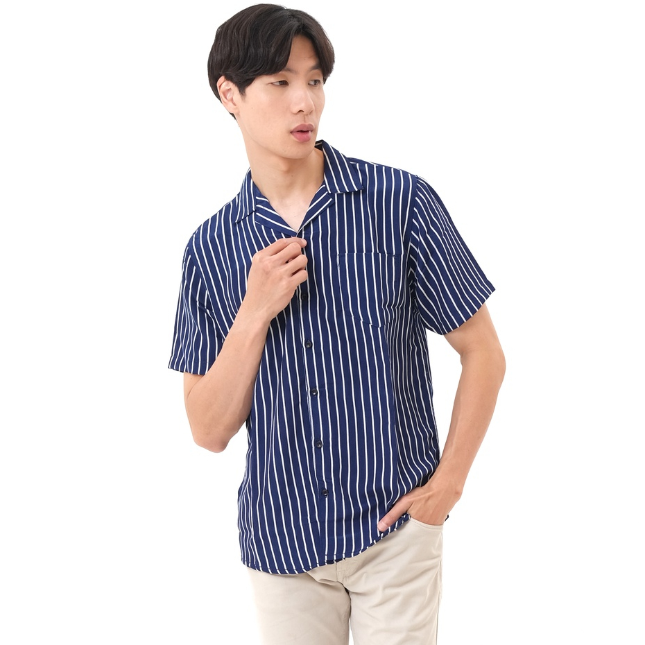 SANVANINA Kemeja Lengan Pendek Garis Biru Dongker V NAVY STRIPES E-1227