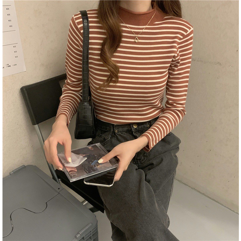 Miss H ~ 229 Pakaian Wanita Baju Atasan Lengan Panjang Import Model Belang 2 Warna Manset Baju Wanita Premium Sweater Keren Ijab