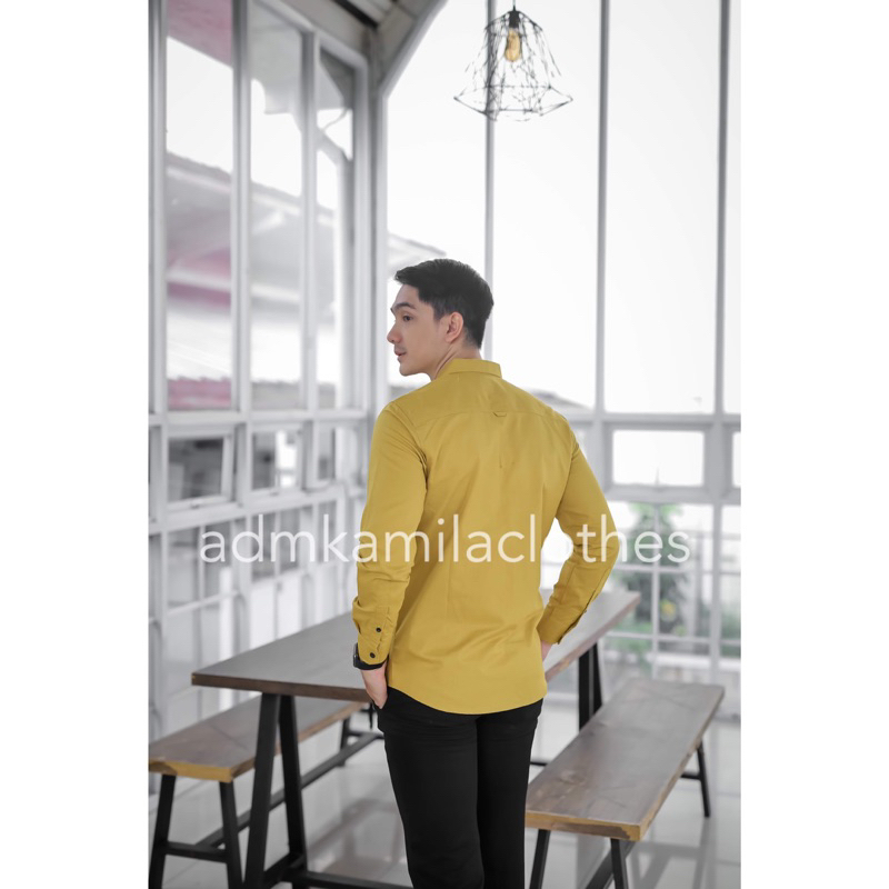 Kemeja pria cowok polos slimfit kasual basic HeM lengan panjang lemon lime