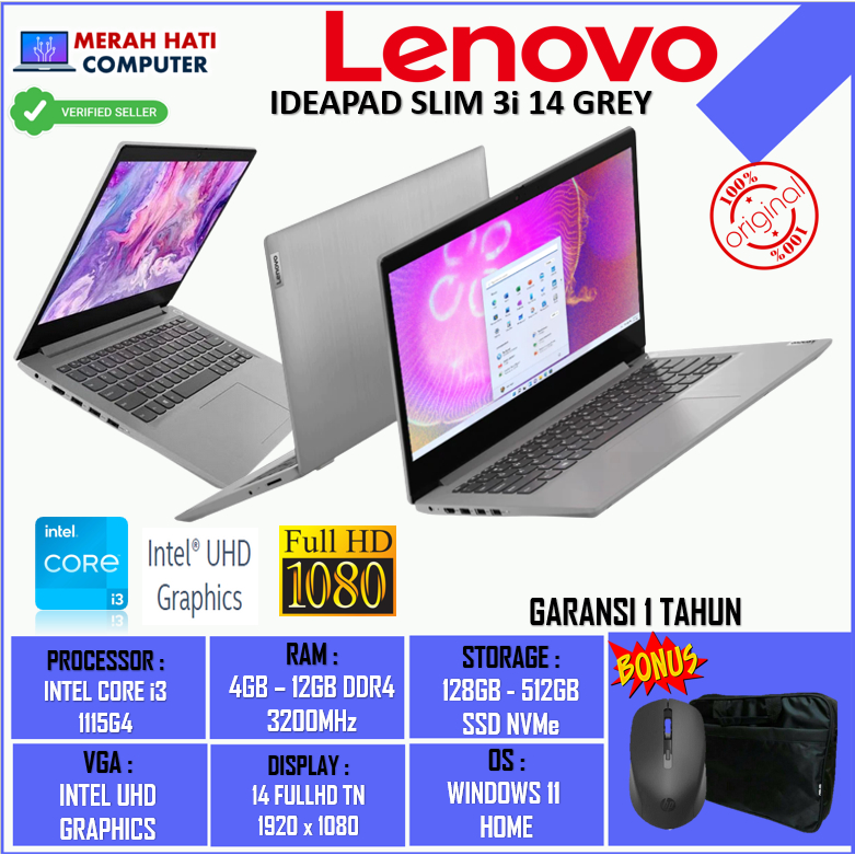 Laptop New LENOVO IDEAPAD SLIM 3I 14 INTEL I3 1115G4 12GB 512GB 14FHD WIN11HOME GREY