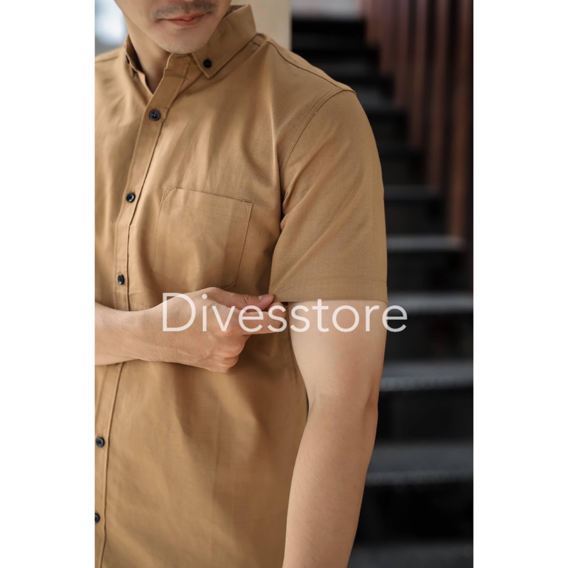 Kemeja pria cowok polos slimfit kasual basic HeM lengan pendek coklat