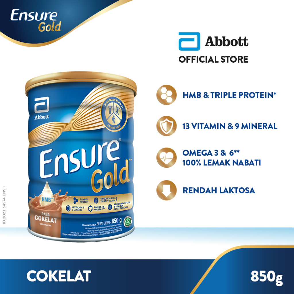 Ensure Gold HMB Cokelat 850 g - Nutrisi Dewasa Rendah Laktosa ABBOTT OFFICIAL STORE