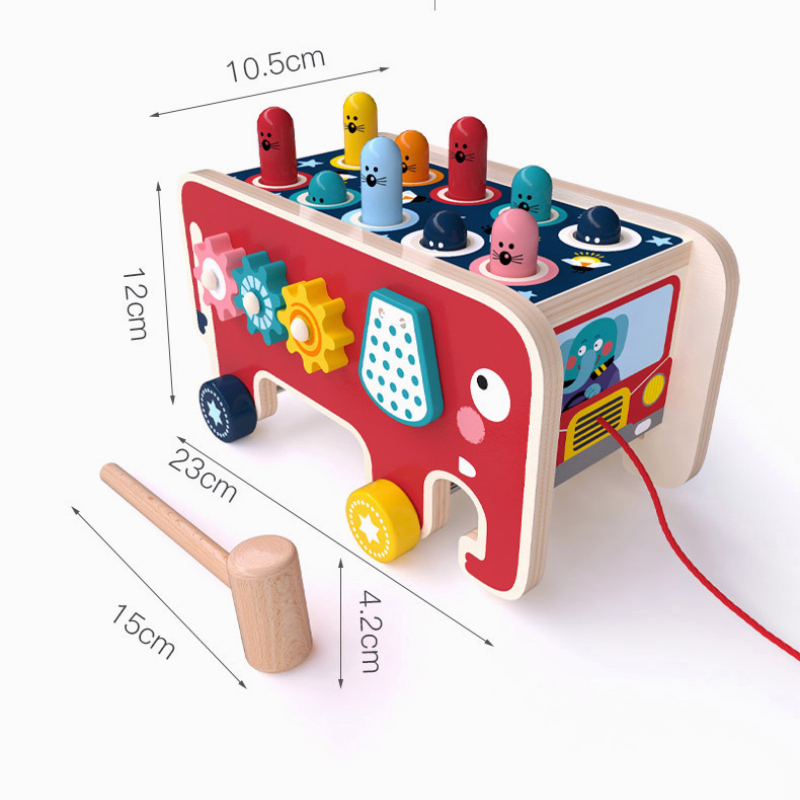 elephant hitting hamster wooden knock toys - pull push truck - mainan edukasi anak