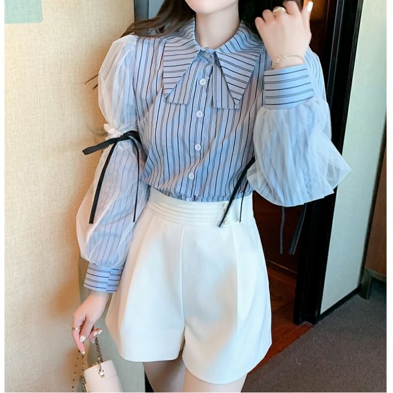 MDLV ~ 7899# Lenitta Cropped Striped Shirt Atasan Korea Import