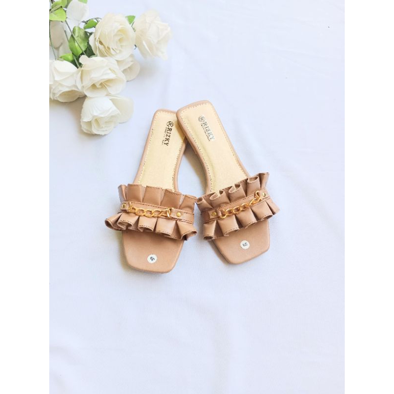 Sandal Slop Wanita Kerut Rantai/Sandal Slop kekinian