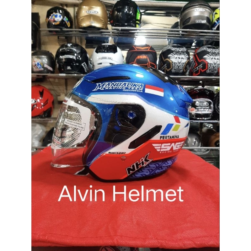helm half face nhk r1 motif SE mandalika pertamina white blue / helm nhk double visor/ helm half fac