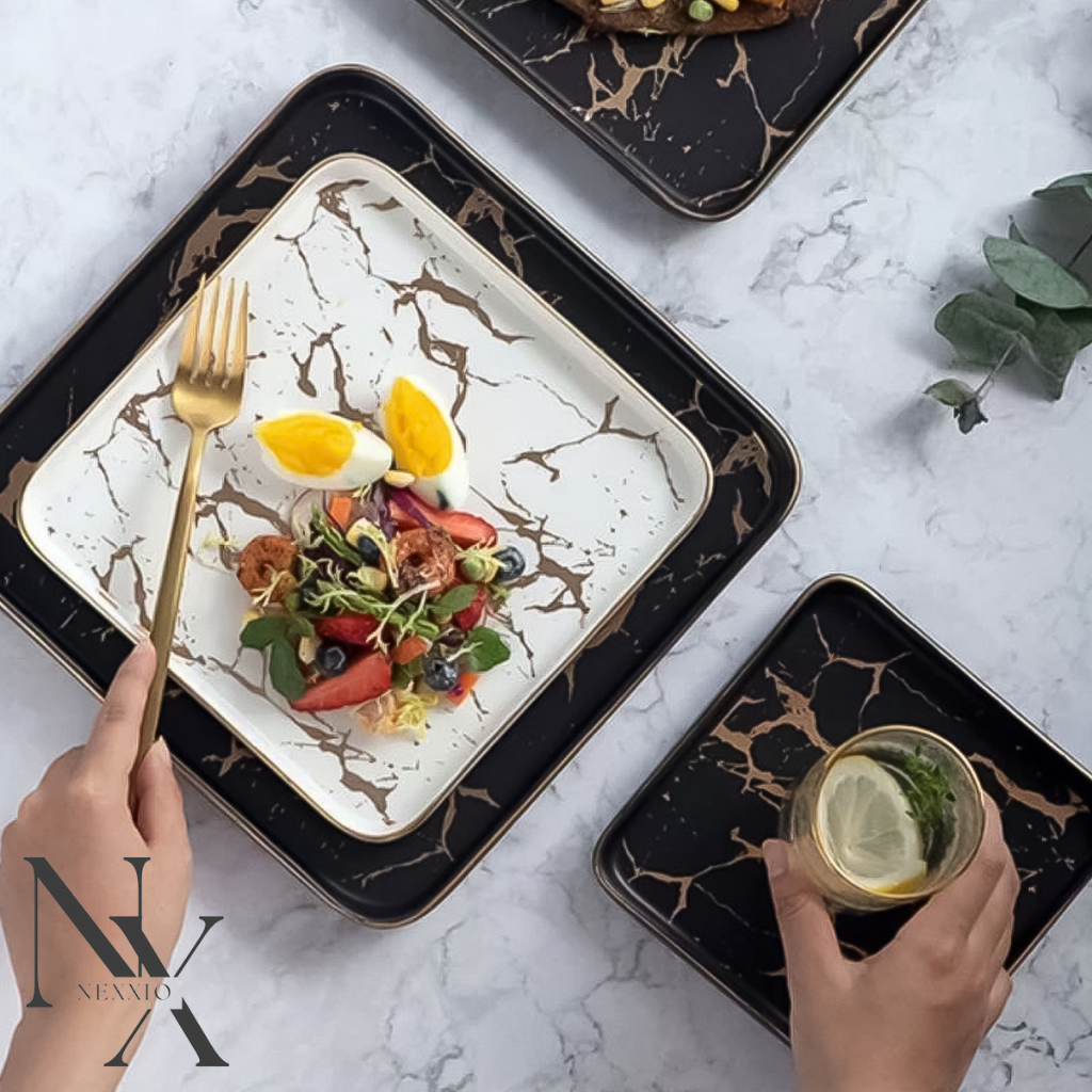 NEXXIO Crackle Plate Kotak ceper/piring Marbel / Piring makan Marbel / Piring Saji Mewah / Piring Saji Marble Gold