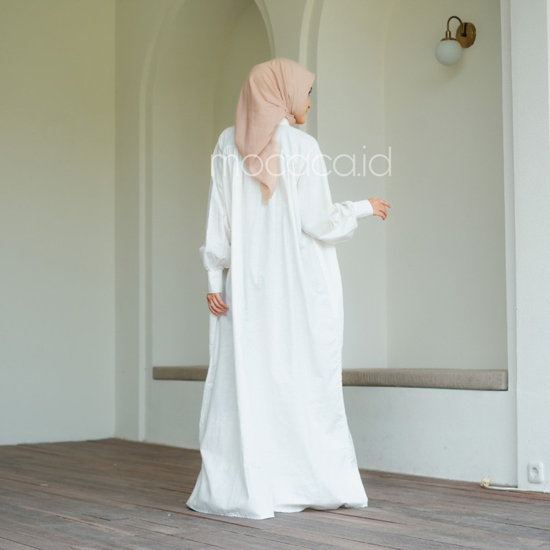 Dress Putih Tulang Broken White Elegan Ootd Hijabers bahan katun linen rami lengan kancing casual klasik dovey