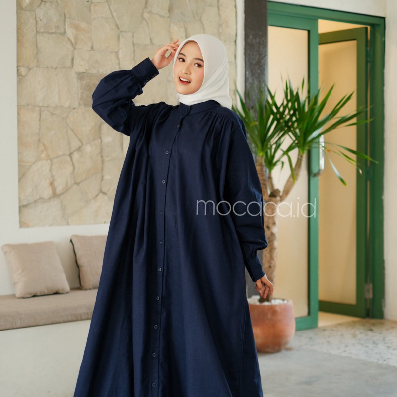 Dress gamis biru dark navy Elegan Ootd Hijabers bahan katun linen rami lengan kancing casual klasik dovey