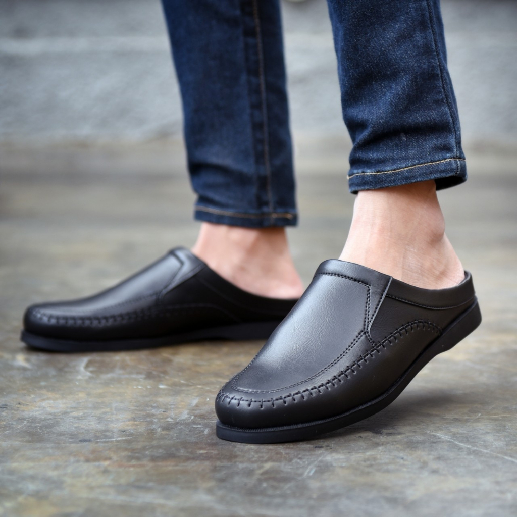 RIONZ MARCO- Sepatu Kulit PU Asli Casual Santai Slip On Pria Mules Slop Tutong Bustong Cowok Dewasa Semi Formal Pria Kantor Pesta Kondangan Gereja Original Murah Trendy Terbaru Terlaris