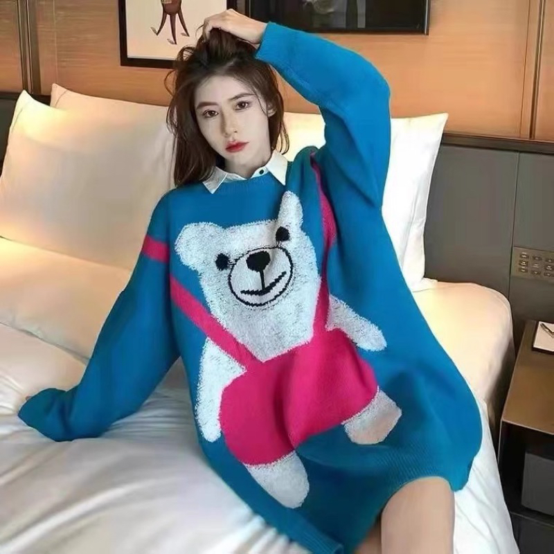 Sweater Beruang Biru / Baju Atasan Rajut Import