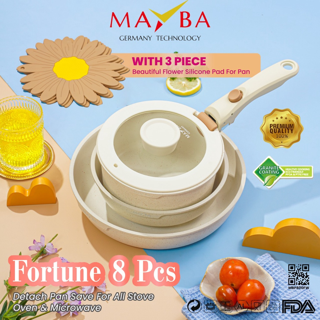 PANCI FORTUNE 8 PCS COOKWARE SET granit putih anti lengket Sehat - PFOA FREE - Handle bisa di lepas - Granit Putih Antilengket Peralatan Masak Karoten Dengan Pegangan PFOA FREE