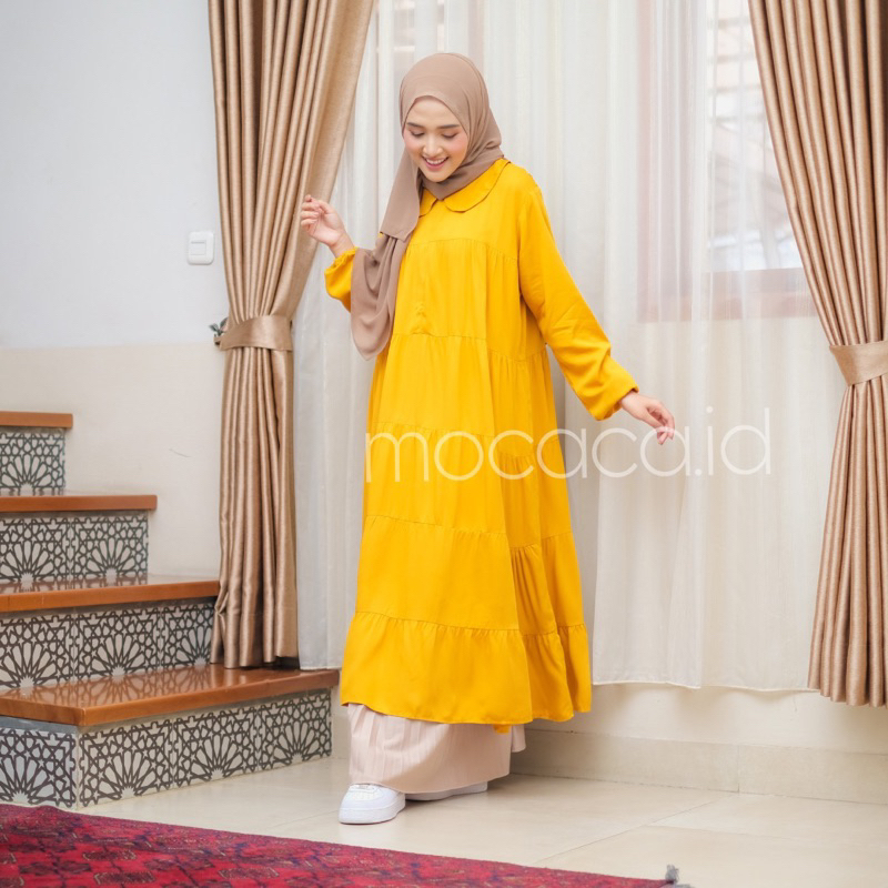 Midi Dress 5 Susun Busui Kerah Collar - kuning mustard kunyit