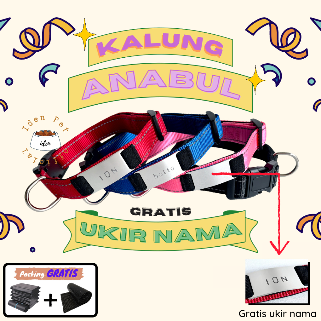 Kalung Anjing Besar Kecil Tali Tuntun Leher Kucing Tebal Kuat Custom Ukir Nama Cat Dog Collar