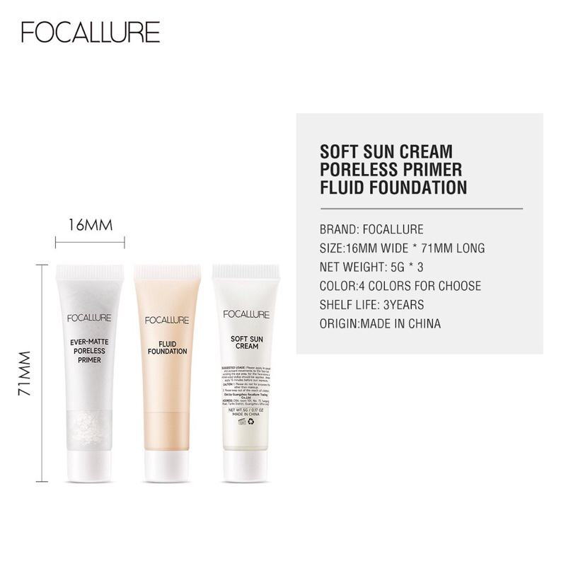 NIK - FOCALLURE 3pcs Face Beauty Set Include Foundation Sunscreen Sun Cream Primer Oil Control Travel Size Flawless Facial Makeup Kit Waterproof FA30 BPOM ORIGINAL