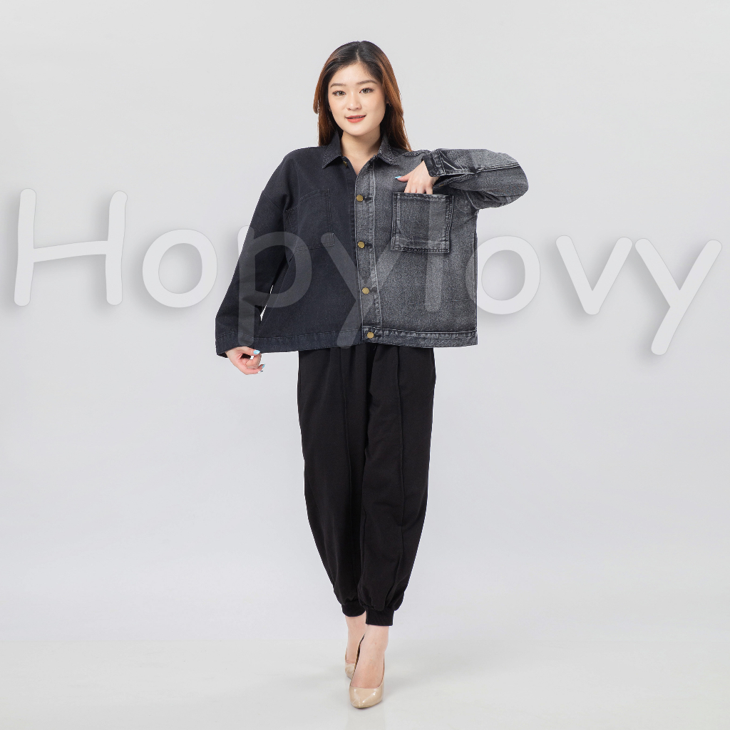 Jaket Jeans Oversize Wanita 2 Tone Black | Jaket Jeans Ombre Kekinian Taya HOPYLOVY